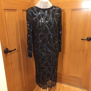 VTG Black Silk Sheath Dress w Sequins Beading L